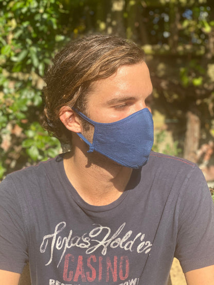 Large Hemp & Organic Cotton Face mask, Three Layer - Made of 100% natural fibres and natural dyes in Nepal - Blue, White, black and green